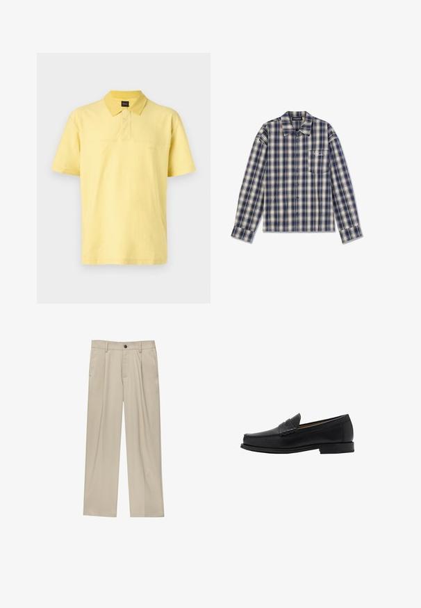 Gelbes Poloshirt aus Baumwolle, mit einem knöpfbaren Kragen, kurzen Ärmeln und einem dezenten gestickten Logo auf der Brust.; Langarmkarierte Hemd in Marineblau und Creme mit Knopfleiste, Kragen und kleiner Brusttasche mit weißem Schriftzug.; Beige Hosen mit geradem Schnitt, ausgestattet mit einem einzelnen schwarzen Knopf, Gürtelschlaufen und Seitentaschen. Glatte Stofftextur und minimalistisches Design.; Mango Business-Slipper - black