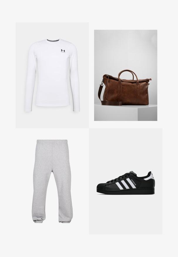Vit långärmad träningsskjorta i glatt tyg, med rund hals och en liten svart logotyp på övre vänster sida.; Grå sweatpants i blandad bomull, med elastisk midja, tapered ben och muddade fållar. Enkelt design utan mönster.; Svart Adidas Superstar sneaker med vita ränder, sula i skalform och "Superstar" text på sidan, visad i sidoprofil mot vit bakgrund.; Brun läder resväska med dragkedjestängning, dubbla handtag, justerbar axelrem och synliga texturmönster på ytan.