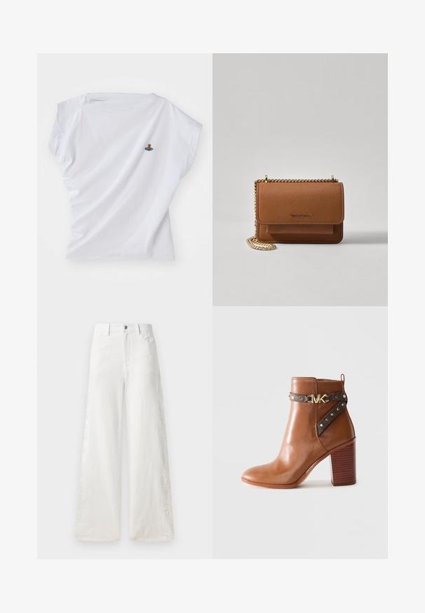 Vit kortärmad t-shirt i bomull, med en liten broderad design av en björn på ett blått rymdskepp på bröstet.; Vita vida byxor i denim med sidobroderier och traditionell femfickorsdesign. Dragkedjestängning med en knapp.; Brun läderankelboot med staplad blockklack, sidrem med guldnitar och en guld "MK"-logobuckle.; Brun texturerad läder crossbody-väska med guldkedja och klaffstängning. Framsidan har logotypdetalj och en ficka under klaffen.