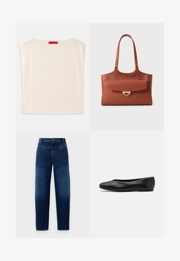 Crèmekleurige top van ribstof, met een brede halslijn en een losse vorm. Label in het rood op de hals gestikt.; Donkerblauwe denim jeans met een rechte pijp, vijf zakken, sluiting met bovenste knoop en oranje stiksels.; Paul Smith TOPANGA - Ballerina's - black; Bruine leren tote bag met lange handvatten, voorflapzak, en gouden hartvormige sluiting gegraveerd met "Love Moschino."