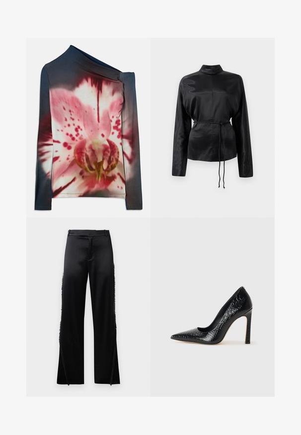 Langwerpige top met asymmetrische halslijn, voorzien van een roze en witte bloemmotief op een donkere gradient achtergrond. Gemaakt van rekbare stof.; Zwarte satijnen blouse met lange mouwen en een hoge kraag, cinched taille en verstelbaar koorddetail. Glad textuur met een slanke afwerking.; Zwarte satijnen broek met brede pijpen, voorzien van franjes langs de zijnaden en een platte tailleband aan de voorkant. Eenvoudige achterkant zonder zakken.; Zwarte puntige hoge hak schoen met een krokodillenleren textuur, met een slank ontwerp, hoge stiletto-hak, en een gladde zwarte binnenkant.