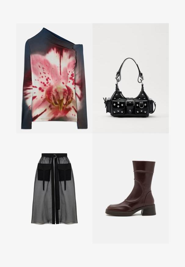 Duga majica s dugim rukavima i asimetričnim izrezom, s ružičastim i bijelim cvjetnim printom na tamnom gradijentu. Izrađena od rastezljivog materijala.; Crna prozirna suknja s nabranim pojasom, koja ima dva velika prednja džepa, remen oko struka i okrugli metalni detalj.; MIISTA MALENE - Klasične gležnjače - brown; Crna kožna torba s zakrivljenim dizajnom, koja sadrži srebrne zakovice, kopču i dva bočna džepa. Podesiva traka za različite opcije nošenja.