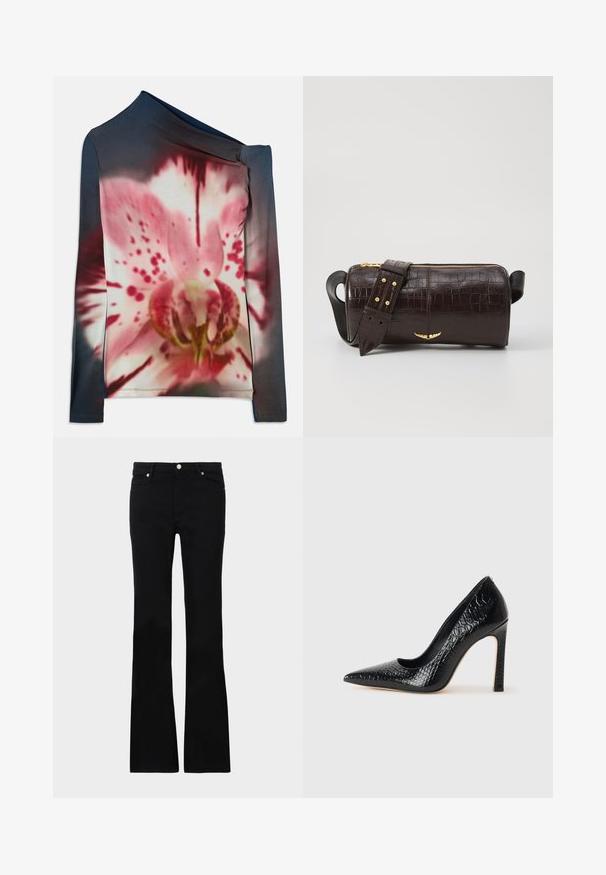 Long-sleeve top with asymmetrical neckline, featuring a pink and white floral print on a dark gradient background. Made of stretch fabric.; Black flared jeans made of denim, featuring two front pockets, a button closure, and a smooth texture. Signature stitching visible at seams.; Black pointed-toe high heel shoe with a crocodile-skin texture, featuring a sleek design, high stiletto heel, and smooth black interior.; Brown crocodile-embossed leather bag with a cylindrical shape, gold-tone hardware, and a detachable strap featuring studs.