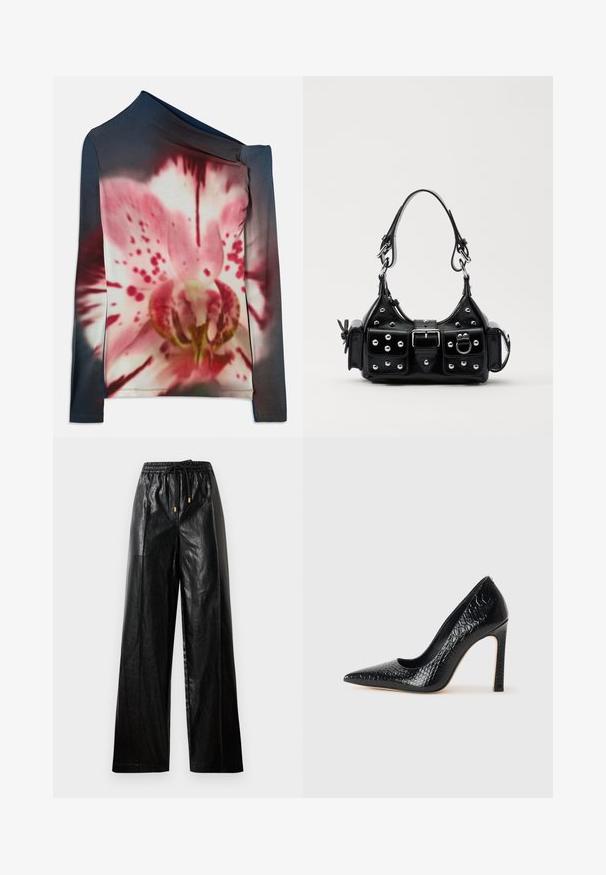 Langärmliges Oberteil mit asymmetrischem Halsauschnitt, das ein pinkes und weißes Blumenmuster auf einem dunklen Farbverlauf zeigt. Hergestellt aus dehnbarem Stoff.; Schwarze Leder-Hosen mit weitem Beinschnitt, elastischem Taillenbund, Kordelzug und goldenen Hardware-Akzenten. Glatte Textur und lockerer Schnitt.; Schwarzer, spitz zulaufender High Heel mit Krokodilleder-Struktur, elegantem Design, hohem Stiletto-Absatz und glattem schwarzen Innenraum.; Schwarze Lederhandtasche mit einem geschwungenen Design, verziert mit silbernen Nieten, einer Schnalle und zwei seitlichen Taschen. Verstellbarer Träger für verschiedene Tragemöglichkeiten.