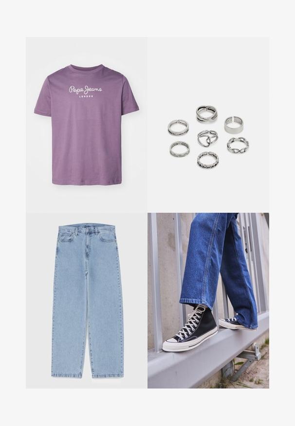 Lilla bomull T-skjorte med korte ermer, med "Pepe Jeans"-logoen i hvit tekst over brystet, rund hals design.; Lyseblå denimjeans med rett ben-design, med mid-rise liv, fem lommer og knap og lynlås lukning.; Svarte høy-hælte joggesko med hvit såle og snøring, paired med løse blå denim-jeans, hvilende på et grått rekkverk.; Sett med sju sølvringer med forskjellige design, inkludert vridde, sammenkoblede og gravyrmønstre. Ulike former og bredder.