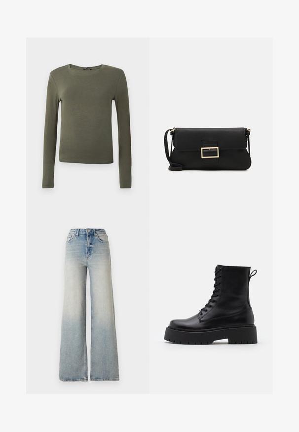 Pikkade varrukatega oliivroheline pluus, valminud siledast kangast, ümmarguse kaelusega ja keha lähedalt liibuva silhouette'iga, ilma mustrite või kaunistusteta.; Heledad sinine laia säärega teksapüksid, mis on valmistatud denimist, kõrge vöökoht, viis taskut ja nähtav õmblemine õmbluste ääres.; Mustad mustad nahast pahkluu saapad ümarate varvastega, nööridega esiosas ja paksu kummist talla ning tekstuuritud mustriga. Tagumine tõmbeaas.; Must haben musta nahkklahviga kott, millel on klapp ja kuldne metallist pandla detail. Kaasas must rihm ja stiilne, minimalistlik disain.; Kulla värvi nõelad, õhukesed ja ümmargused, millel on sile metallist pind ja ilma kaunistuste või mustriteta.