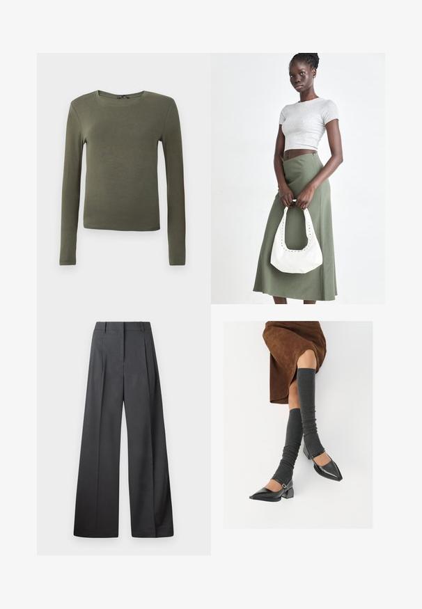 Dugi rukav maslinasto zeleni top, izrađen od glatkog materijala, s okruglim izrezom i uskim krojem bez ikakvih uzoraka ili dekoracija.; Hlače širokih nogavica u tamnosivoj tkanini, s visokim strukom, jednim naborom i glatkom teksturom s urednim završetkom na rubovima.; Crne lakirane cipele s šiljastim prstima, blok-petom i remenom oko gležnja, uparene s sivim rebrastim čarapama do koljena i smešnom suknjom od antilopa.; Sivi rebrasti crop top i maslinasto zeleni suknja visokog struka. Model drži bijelu torbu preko ramena s izrezima. Jednostavan dizajn, tijesna silueta.