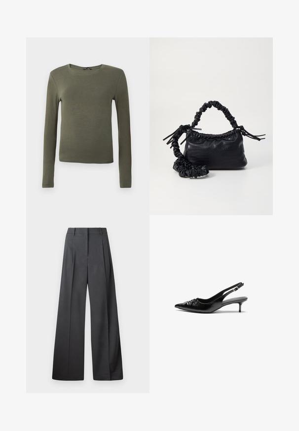 Pikkade varrukatega oliivroheline pluus, valminud siledast kangast, ümmarguse kaelusega ja keha lähedalt liibuva silhouette'iga, ilma mustrite või kaunistusteta.; Tumesed püksid tumesinises kangas, kõrge vöökoht, üks voldik ning sile struktuur puhaste ääristega.; Musthave nahkased kõrged kontsad, millel on terav varvas, väike kitten-kont ja dekoratiivne sõlm ees. Ühtlane sile tekstuur.; Must must sünteetilisest nahast käekott, millel on krokodillimuster, kokku tõmmatav ülaosa ja kortsus rihm. Tundub pehme ja kompaktne disain.