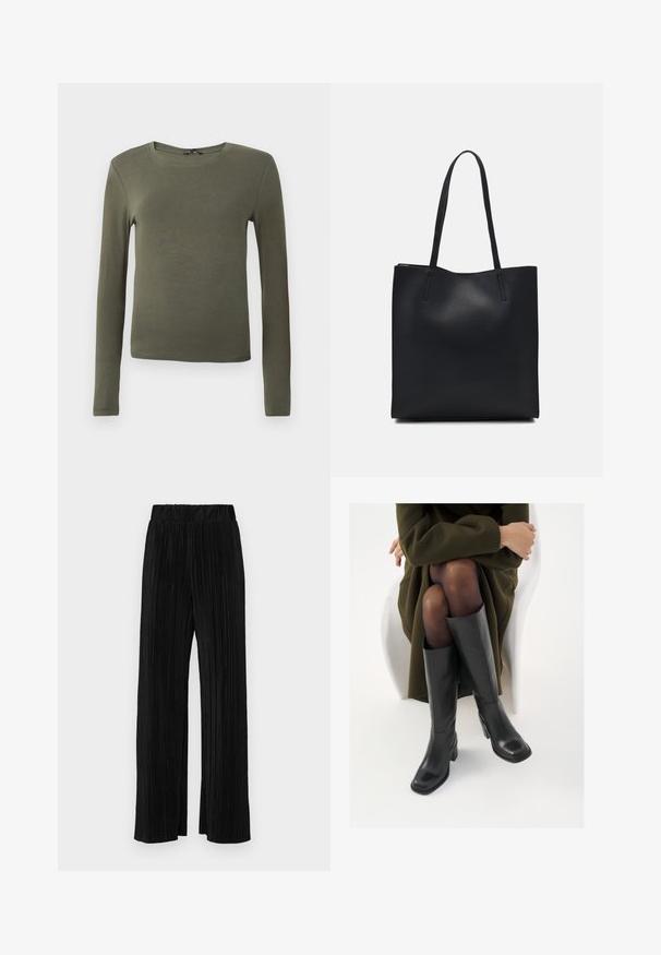 Dugi rukav maslinasto zeleni top, izrađen od glatkog materijala, s okruglim izrezom i uskim krojem bez ikakvih uzoraka ili dekoracija.; Crne plisirane hlače s elastičnim pojasom. Imaju široke nogavice i glatku, teksturiranu tkaninu s vertikalnim prugama.; Čizme od crne kože do koljena sa četvrtastim vrhom i blok petom, prikazane s manekenkom koja sjedi u maslinasto zelenom kaputu. Glatka tekstura, minimalni detalji.; Crna kožna torba za nošenje s glatkom teksturom, pravokutnim oblikom i dvije duge ručke. Nema vidljivih metalnih dijelova ili ukrasa.