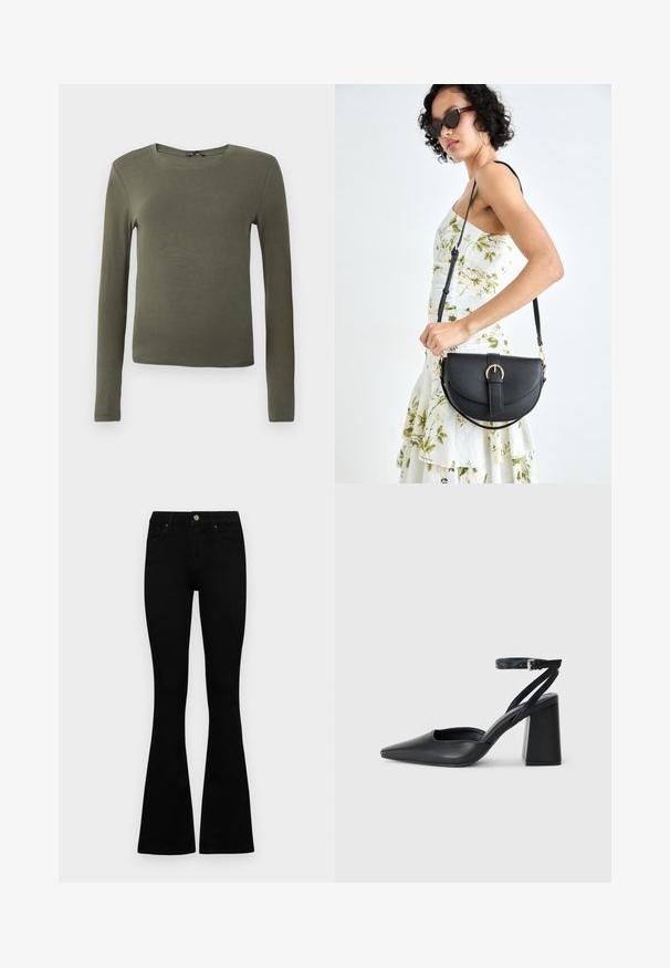 Camisola de manga longa verde-oliva, feita de um tecido suave, com decote redondo e um design ajustado, sem quaisquer padrões ou detalhes.; Jeans pretos de cintura alta com fecho de botão e zíper, bolsos frontais e pernas largas dispostos em cima de um fundo branco.; Sandal com biqueira afilada em couro preto, com cinta no tornozelo e salto grosso. Textura lisa, design elegante e estética minimalista.; Bolsa de couro preta com forma curva, alça destacável e detalhes em dourado. A bolsa possui uma aba com detalhe de fivela.