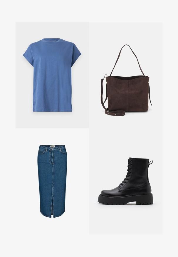Blå T-skjorte laget av mykt stoff, med rund hals og korte rullede ermer. Designet er enkelt med rett snitt og sidelommer.; Mørkeblå denim blyantskjørt med frontslitt, fem lommer og kontraststing. Midjehøyde med klassisk design.; Sorte skinn ankelstøvler med rund tå, snøring foran og tykk gummisåle med teksturert mønster. Håndtak bak.; Brun semsket stoff tote-veske med en myk tekstur, som har en enkelt skulderrem og en subtil buet toppåpning. Ingen synlige maskindetaljer.