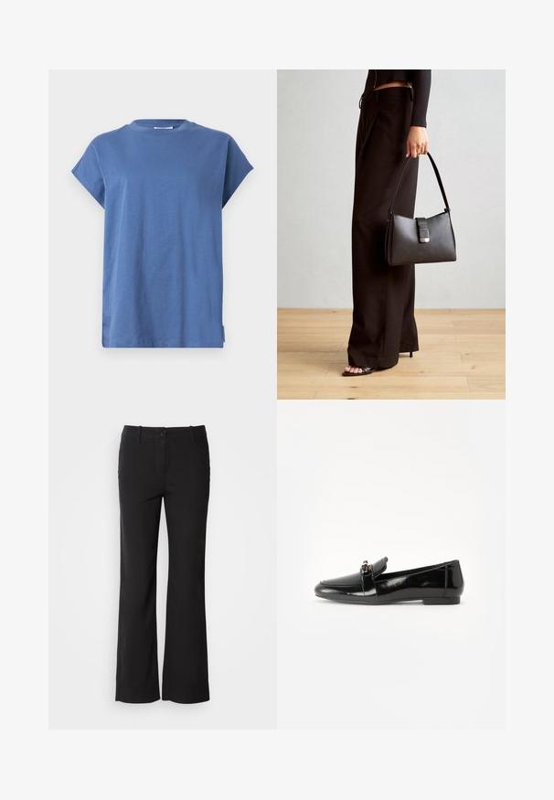 Modra majica iz mehkega materiala, z okroglo ovratnikom in kratkimi zvitimi rokavi. Oblikovanje je preprosto s pravočnim krojem in stranskim razporkom.; Črne hlače iz bombažne mešanice s ravnim krojem, sprednim gumbom in dvema stranskima žepoma. Gladek teksturiran material, brez vidnih vzorcev.; Črne lakirane usnjene loaferske čevlje s ravnim podplatom, zaobljenim nosom in dekorativnim pasom z zlatim naglasom. Gladek, sijoč poljšček.; Črna torbica z strukturirano obliko, gladko teksturo in kovinskim zaponko. Ujemajo se z širokimi črnimi hlačami in odprtimi sandali na lesenem tleh.