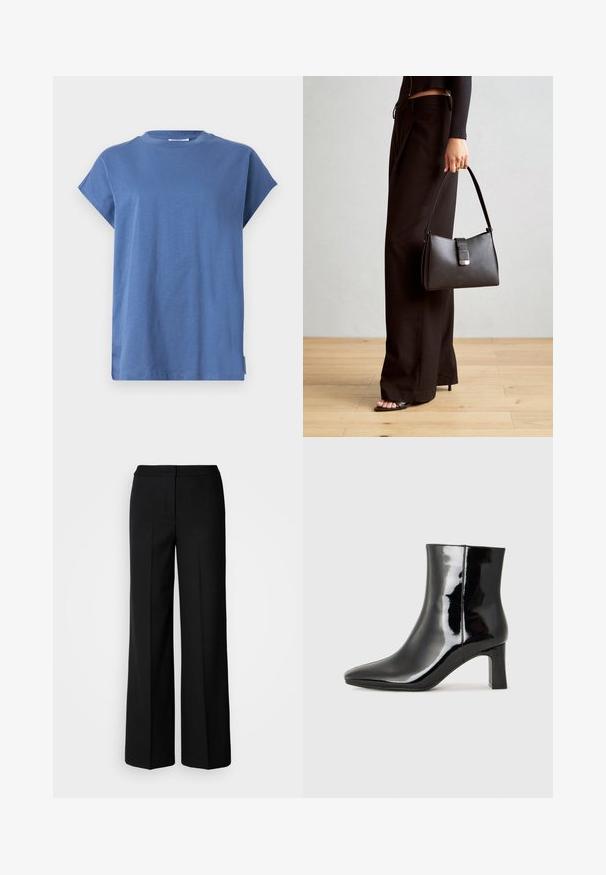Blue T-shirt made of soft fabric, featuring a crew neckline and short rolled sleeves. The design is simple with a straight cut and side slit.; Black wide-leg trousers with a smooth fabric, featuring a high waist, tailored seams, and a minimalist design. No visible hardware or pockets.; Black patent leather ankle boot with a pointed toe and a mid-height block heel. Smooth texture and minimalist design.; Black handbag with structured shape, smooth texture, and a metallic clasp. Paired with wide black pants and open-toe sandals on wooden floor.