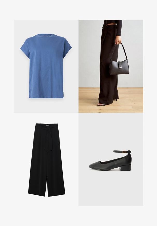 Sininen t-paita, joka on valmistettu pehmeästä kankaasta. Paita on varustettu pyöreällä kaula-aukolla ja lyhyillä käärityillä hihoilla. Suunnittelu on yksinkertainen, suora leikkaus ja sivuhalkio.; Mustat leveät housut, joissa on teksturoitu kangas, joustava vyötärö ja irrotettava nauha vyötäröllä säädettävää istuvuutta varten.; Mustat nahkakengät, joissa on terävä kärki ja matala lohkare korko. Varustettu nilkkahihnalla, jossa on kultasävyinen solki. Lisää sileä pinta.; Musta käsilaukku, jossa on rakenteellinen muoto, sileä pinta ja metallinen solki. Yhdistetty leveisiin mustiin housuihin ja avonaiheisiin sandaaleihin puulattialla.