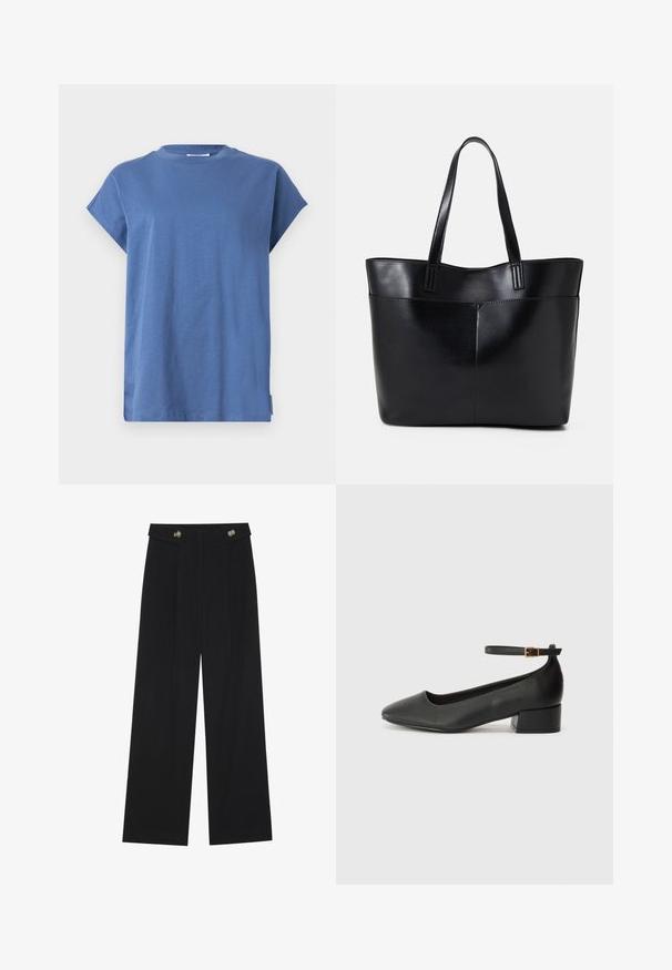 Blue T-shirt made of soft fabric, featuring a crew neckline and short rolled sleeves. The design is simple with a straight cut and side slit.; Black wide-leg trousers with high waist, button details on waistband, and front pleats.; Black leather pump with a pointed toe and a low block heel. Features an ankle strap with a gold-tone buckle. Smooth texture.; Black leather tote bag with two long handles, a smooth texture, and a structured shape. Features a front pocket for additional storage.