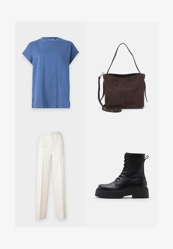 Modrá tričko z mäkkej látky, s okrúhlym výstrihom a krátkymi zrolovanými rukávmi. Dizajn je jednoduchý, s rovnými líniami a postranným rozparkom.; Krémoé nohavice s prispôsobeným strihom, rovné nohavice, hladká tkanina, predné záhyby a čistý lem. Minimalistický dizajn.; Čierne kožené členkové topánky s okrúhlou špičkou, šnurovaním vpredu a hrubou gumovou podrážkou s textúrovaným vzorom. Sťahovací pútko na zadnej strane.; Hnedá semišová taška s mäkkou textúrou, vybavená jedným ramenným popruhom a jemne zakriveným horným otvorom. Bez viditeľných hardvérových detailov.