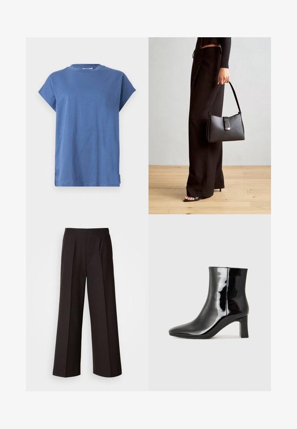 Blå T-skjorte laget av mykt stoff, med rund hals og korte rullede ermer. Designet er enkelt med rett snitt og sidelommer.; Sorte vidde bukser med flat front, folder og en glatt tekstur. Har høy midje og skreddersydd snitt for en strukturert passform.; Sorte patentlær ankle boot med spiss tå og en mellomhøy blokkhelt. Glatt tekstur og minimalistisk design.; Svart håndveske med strukturert form, jevn tekstur og metallisk lås. Kombinert med brede svarte bukser og sandaler med åpen tå på tregulv.