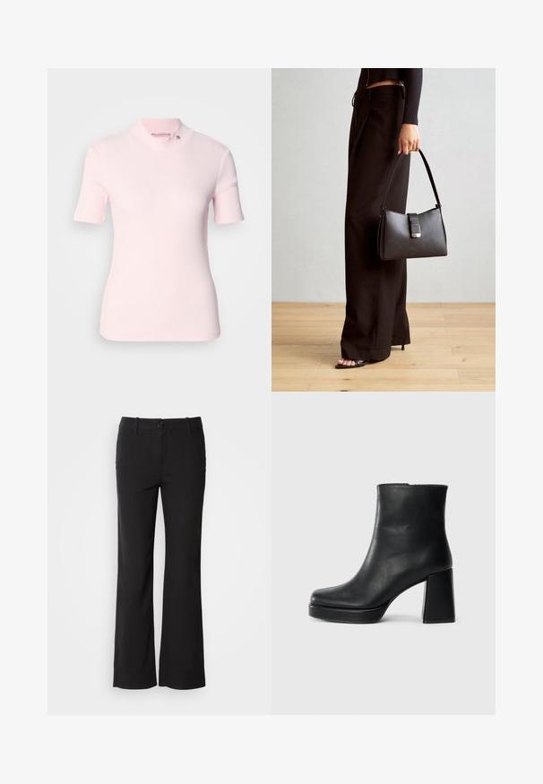 Haut à manches courtes côtelé rose pâle avec un col haut et un détail de logo subtil sur le col. Texture douce avec une coupe ajustée.; Pantalons en mélange de coton noirs avec une coupe droite, fermeture à bouton sur le devant et deux poches latérales. Texture lisse, sans motifs visibles.; Bottine en cuir noir avec un talon bloc et une semelle plateforme, vue de côté sur un fond blanc uni.; Sac à main noir à la forme structurée, texture lisse et fermoir métallique. Associé à un pantalon noir ample et des sandales ouvertes sur un sol en bois.