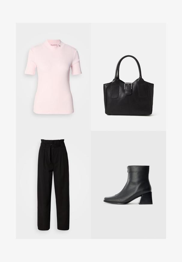 Top corto a maniche corte di un delicato rosa pallido con un collo alto a mock neck e un sottile logo sul colletto. Tessuto morbido con un design aderente.; Pantaloni neri a vita alta con gamba larga, caratterizzati da pieghe frontali e una cintura in tessuto con fibbia circolare. Texture liscia e design su misura.; Stivaletto in pelle nera con punta quadrata, cerniera laterale e tacco squadrato su sfondo chiaro uniforme.; Borsa tote in pelle nera con texture liscia, forma strutturata, due manici e un evidente dettaglio in fibbia argentata sul davanti.