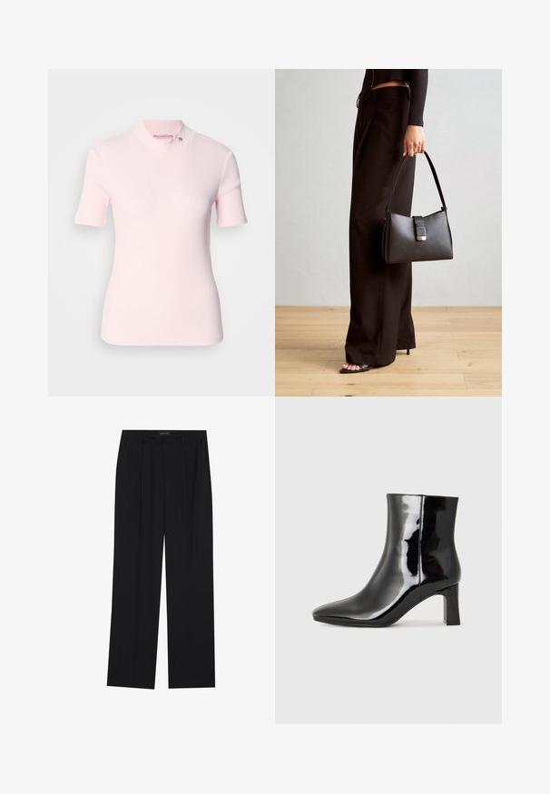 Lys rosa ribbet kortermet topp med høy mock neck og en subtil logo detalj på kragen. Myk tekstur med en tettsittende design.; Sorte bukser med rette ben, som har to frontlommer og en talje. Laget av et glatt, lett stoff.; Sorte patentlær ankle boot med spiss tå og en mellomhøy blokkhelt. Glatt tekstur og minimalistisk design.; Svart håndveske med strukturert form, jevn tekstur og metallisk lås. Kombinert med brede svarte bukser og sandaler med åpen tå på tregulv.