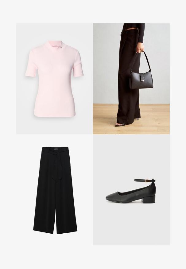 Lys rosa ribbet kortærmet top med høj mock neck og en diskret logo detalje på kraven. Blød tekstur med en tætsiddende design.; Sorte vide bukser i en tekstureret stofkvalitet, med elastisk talje og et aftageligt bånd i taljen for justerbar pasform.; Sorte læderpumper med spids tå og en lav blokhæl. Har en ankelrem med en guldfarvet spænde. Glat tekstur.; Sort håndtaske med struktureret form, glat overflade og metalspænde. Sammen med brede sorte bukser og sandaler med åben tå på trægulv.
