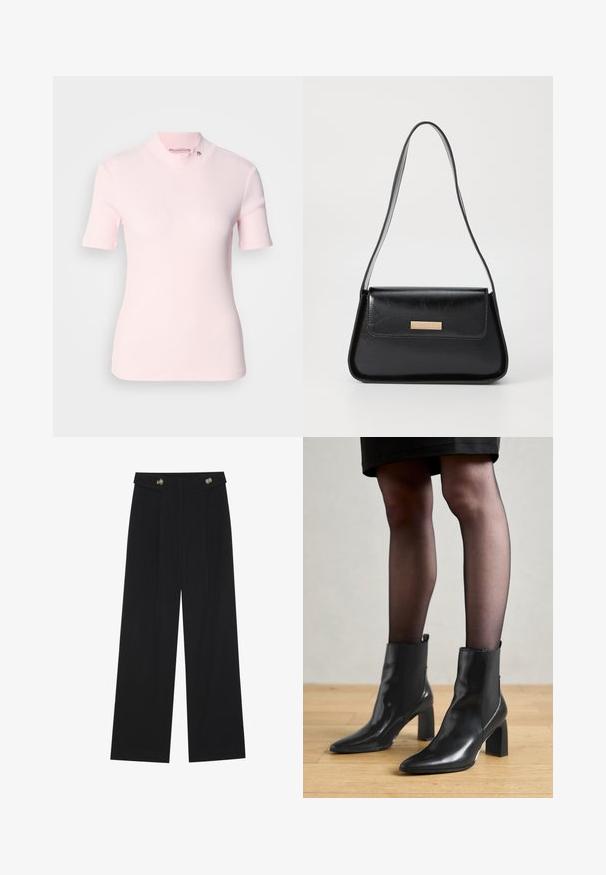 Pale pink ribbed short-sleeve top with a high mock neck and a subtle logo detail on the collar. Soft texture with a fitted design.; Black wide-leg trousers with high waist, button details on waistband, and front pleats.; Black leather ankle boots with a pointed toe, chunky square heel, and sleek design. Features elastic side panels for easy wear.; Black leather handbag with a structured triangular shape, slim strap, and gold-tone hardware featuring a logo plaque on the front flap.