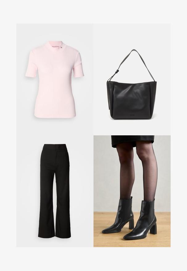 Lichtroze geribbelde top met korte mouwen en een hoge kraag met een subtiele logo-detail op de kraag. Zachte textuur met een aangesloten ontwerp.; Zwarte wijde broek met een gladde textuur, hoge taille en een strakke uitstraling. Geen zichtbare zakken of versieringen.; Zwarte leren enkellaarsjes met een spitse neus, stevige vierkante hak en een fraaie uitstraling. Beschikt over elastische zijpanelen voor gemakkelijke aan- en uittrekken.; Calvin Klein GRACIE MEDIUM - Handtas - black; Zilveren hoepel oorbellen met een minimalistisch ontwerp. Cirkelvormig, gladde textuur en dun profiel. Lichtgewicht met een gepolijste afwerking.