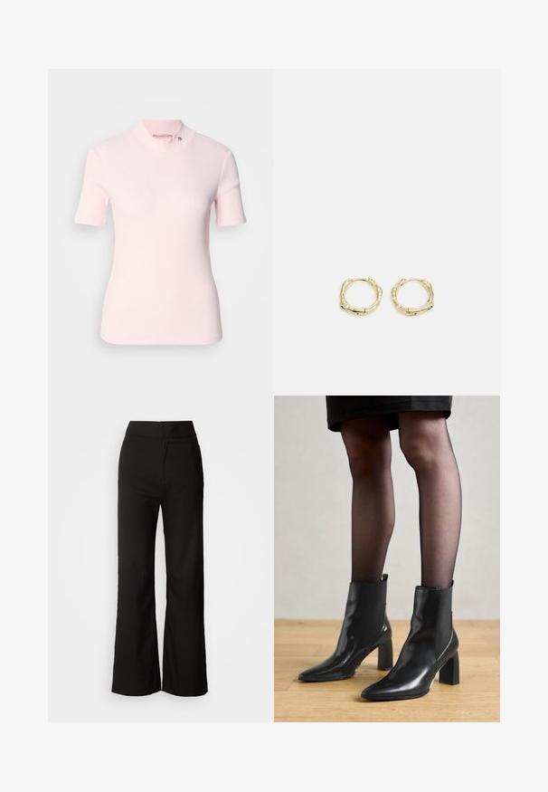 Lichtroze geribbelde top met korte mouwen en een hoge kraag met een subtiele logo-detail op de kraag. Zachte textuur met een aangesloten ontwerp.; Zwarte wijde broek met een gladde textuur, hoge taille en een strakke uitstraling. Geen zichtbare zakken of versieringen.; Zwarte leren enkellaarsjes met een spitse neus, stevige vierkante hak en een fraaie uitstraling. Beschikt over elastische zijpanelen voor gemakkelijke aan- en uittrekken.; Gouden creolen met een textuur en onregelmatige vorm. Voorzien van een naadloze sluiting en een gepolijste afwerking, wat het moderne ontwerp benadrukt.