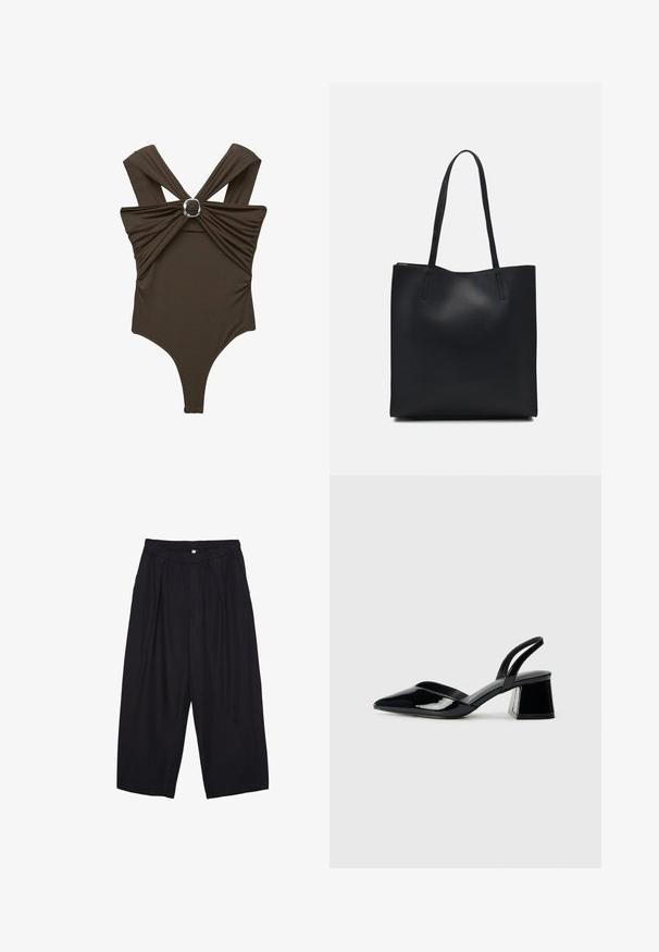 Bruine tankini met brede banden, gathered stof aan de voorkant en een zilveren cirkelvormig accent in het midden. Glad textuur.; Zwarte polyester culottes met een elastische tailleband, twee voorkreukels en een losse pasvorm. Geen zichtbare patronen of hardware-details.; Zwarte gepatineerde leren slingback hakken met een spitse neus en een geometrische blokhak. Kenmerkt zich door een slank, minimalistisch ontwerp en een gladde textuur.; Zwarte leren handtas met een gladde textuur, rechthoekige vorm en twee lange handvaten. Geen zichtbare hardware of versieringen.
