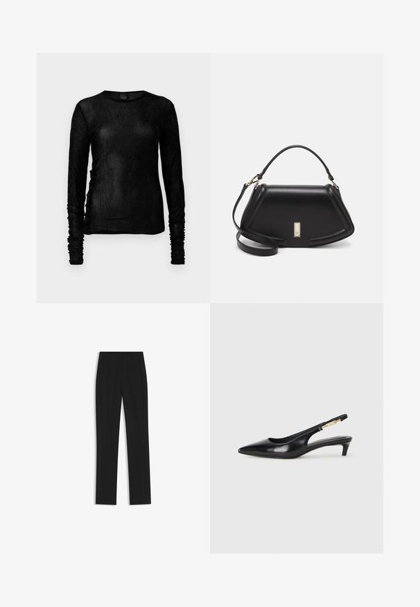 Black long-sleeve top in a lightweight, textured fabric with gathered accents along the sleeves and side seams. Crew neckline.; Black tailored trousers with a straight-leg design, featuring front pockets and a smooth, textured fabric. Neat, minimal detailing.; Black leather slingback heels with a pointed toe, featuring a slim heel and a gold-tone accent on the adjustable strap. Smooth texture.; Black leather handbag with a structured design, featuring a cropped shape, top handle, and gold hardware accent. Adjustable shoulder strap included.