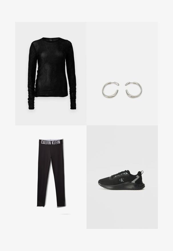 Must mustaga, pikkade varrukatega topp kerge ja tekstuurse materjali jaoks, millel on volangid varrukate ja külglibisevade ääres. Ümmargune kaelus.; Mustad retuusid, mille vööl on valge "CALVIN KLEIN" logo. Sile materjal, tihe disain, põlveosa on võrgutooted.; Mustad musta madala varbaga sportlikud tennisetossud, millel on hingav võrkkangas, luku- ja kummipaela disain, tekstuuriga tallad ning küljes "cK" logo.; Hõbedased rõngas kõrvarõngad, millel on siledatest ja ümaratest joonetest loodud disain ning läikiv poleeritud viimistlus. Omavad minimalistlikku kuju kerge avausega.