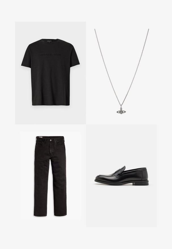 Fekete pamut póló rövid ujjal, amelyen diszkréten domborított "MICHAEL KORS" logó található a mellkasán, klasszikus kerek nyakkivágással.; Fekete egyenes szárú farmernadrág öt zsebbel, gombos záródással és övhurkokkal, fehér háttéren elhelyezve.; Fekete bőr loaferek sima textúrával, kerek orral és dekoratív pánttal a vampnál. Alacsony, rétegelt sarkú, minimalista dizájn.; Ezüst lánc nyaklánc, részletes, bolygó formájú medállal, kicsi díszítőelemekkel és összetett mintákkal díszítve.