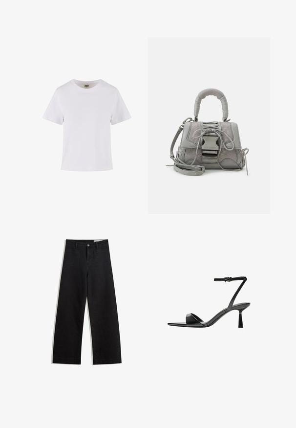 Tricou alb din bumbac, cu mâneci scurte, guler rotund și croi drept. Textură netedă, design simplu, fără modele sau accente vizibile.; Pantaloni din denim negri cu picioare largi, cu talie înaltă, având buzunare frontale și posterioare, cusături dublate și închidere cu nasture. Textură netedă.; Bershka Sandale cu toc - black; Geantă gri texturată, cu un maner căptușit, accente din plasă, curea ajustabilă și un închizător frontal. Design compact cu o formă rotunjită.