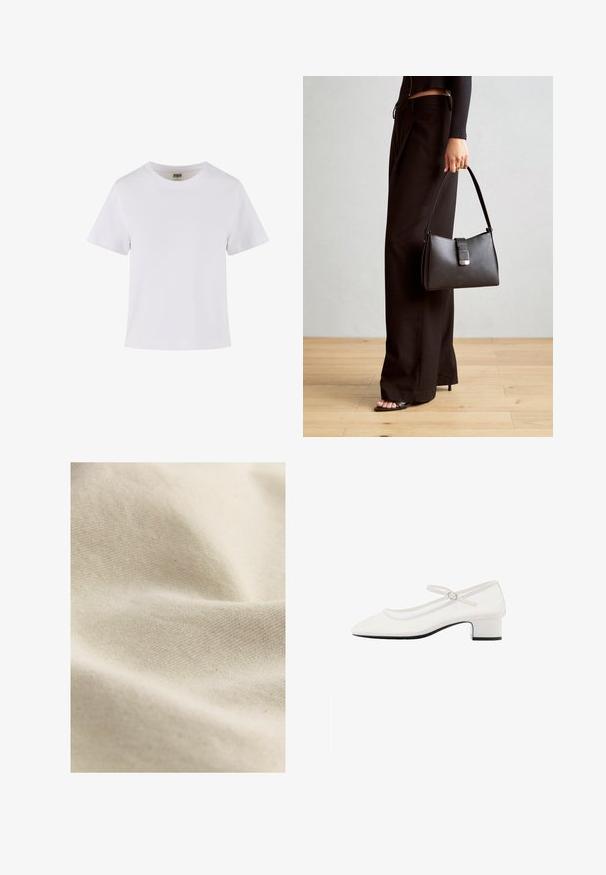 Valkoinen puuvillainen t-paita, jossa on lyhyet hihat, pyöreä kaula-aukko ja suora leikkaus. Tasainen pinta, yksinkertainen muotoilu, ei näkyviä kuvioita tai koristeita.; Beige puuvillakangas, jossa on pehmeä ja sileä rakenne, hienovaraisella kudontakuviolla; laskeutuu näyttämään lempeitä taitoksia ja rypytyksiä.; Valkoinen patenttinaahkainen Mary Jane -kengä, jossa on pyöreä kärki, keskikorkea paksu korko ja säädettävä hihna, jossa on hopeinen solki.; Musta käsilaukku, jossa on rakenteellinen muoto, sileä pinta ja metallinen solki. Yhdistetty leveisiin mustiin housuihin ja avonaiheisiin sandaaleihin puulattialla.