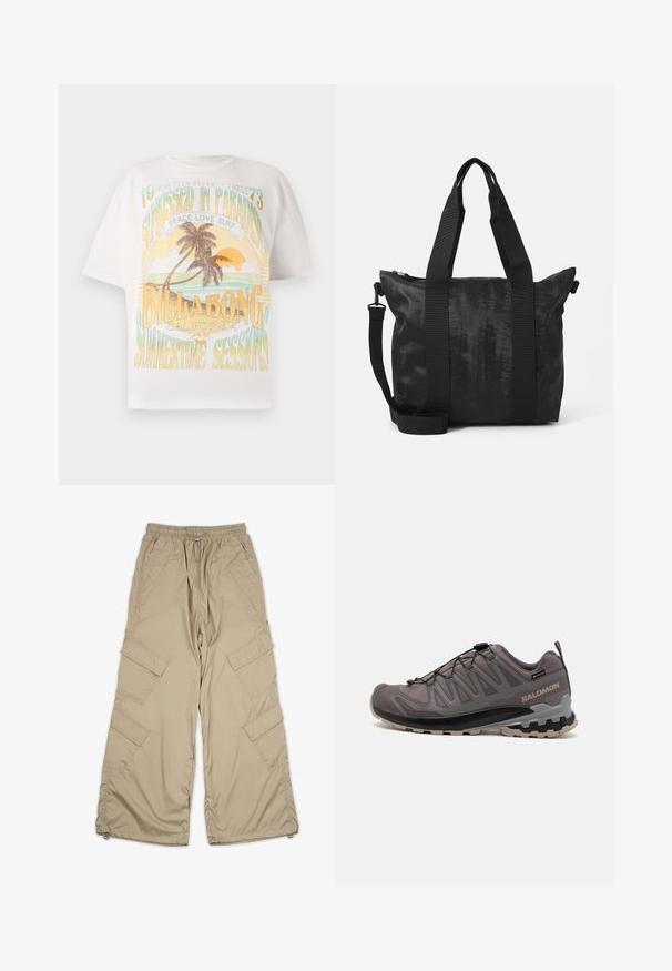 Valkoinen puuvillapaita, jossa on värikäs graafinen printti, jossa on palmupuita, aurinko ja tekstit: "AURINKOSUUDUTTUNA PARATIISISSA," "BILLABONG," ja "KESÄAIKAKAUSI."; Beige cargo-housut jossa on vetoketjullinen vyötärö, useita sivutaskuja ja rento istuvuus. Valmistettu kevyestä, sileästä kankaasta, jossa on ompelut yksityiskohtia.; Housut harmaat ulkoilujalkineet, joissa on verkko- ja synteettinen yläosa, pehmustettu nilkkaosa ja kuvioitu pohja syvillä urilla pidon parantamiseksi. Säädettävä nauhaku süsteemi.; Mustat olkalaukku, jossa on teksturoitu kangas, kaksinkertaiset yläkahvat ja irrotettava olkahihna. Varustettu vetoketjulla turvalliseen säilytykseen.
