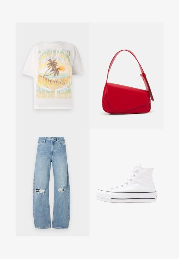 Bijela pamučna majica s živopisnim grafičkim printom tropskih palmi, suncem i tekstom: "SUNKISSED IN PARADISE", "BILLABONG" i "SUMMERTIME SESSIONS."; Svijetloplave, visoko-strukirane traperice. Imaju široke nogavice, dva razderana područja na koljenima i klasičan stil s pet džepova.; Bijela visoka platnena tenisica s crnom gumenom potplatom, prednjim gumenim zaštitnikom prstiju i šest rupa za vezanje, s čistim, minimalističkim dizajnom.; Crvena kožna torba s kutnim, geometrijskim dizajnom. Ima jedan podesivi remen i preklopni zatvarač sa šivenim detaljima.