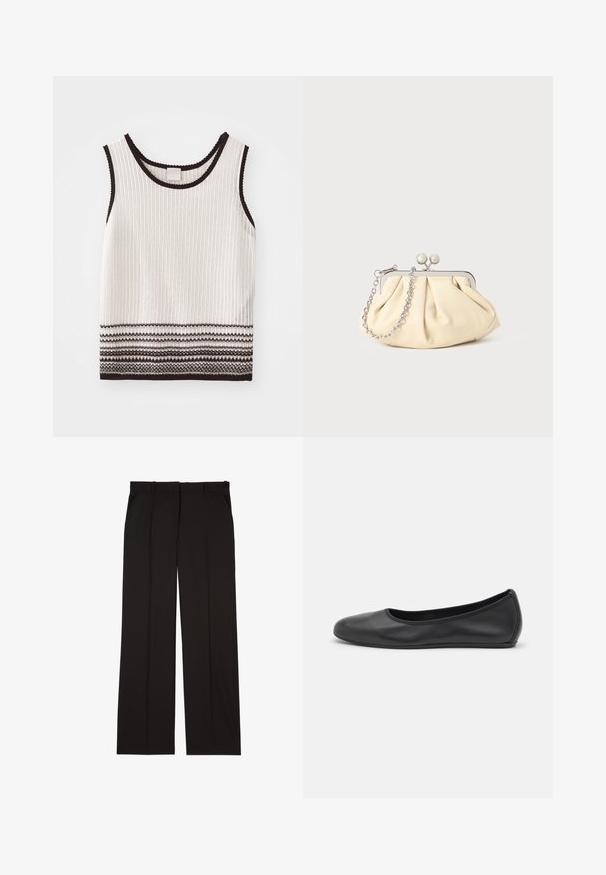 White ribbed tank top with black trim and decorative horizontal stripes at the hem. Fabric appears textured and fitted.; Black tailored trousers made of a smooth fabric, featuring a straight-leg design, and two side pockets. Elegant and minimalistic construction.; Black leather ballet flat with a rounded toe, smooth texture, minimal stitching detail, and a flexible sole design.; Pleated beige leather clutch with a silver metal frame, featuring two round decorative clasps and a silver chain strap.