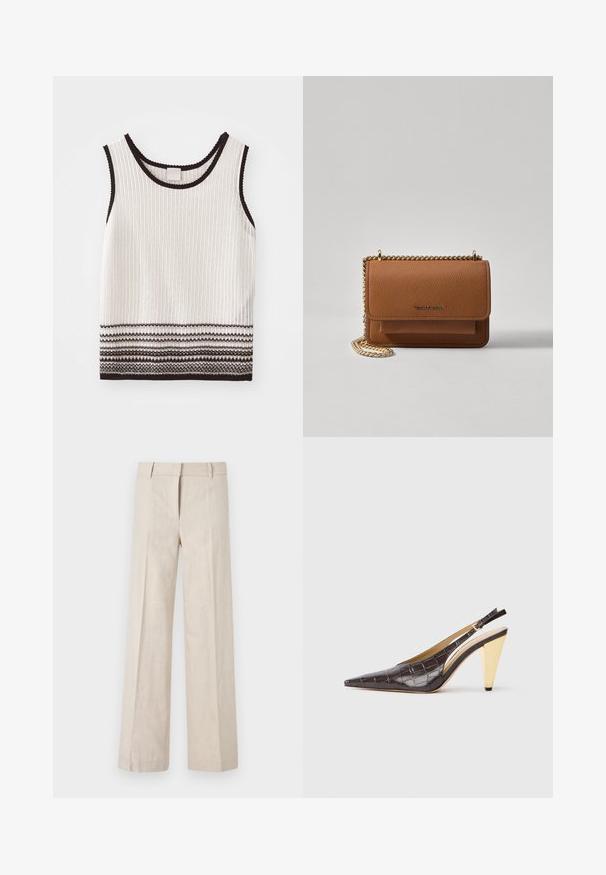 Valkoinen ribattua tankkipaita mustalla reunuksella ja koristeellisilla vaaka-viivoilla helman kohdalla. Kangas näyttää teksturoidulta ja istuvalta.; Beige levelelah yapılı, hafif kumaştan geniş paça pantolonlar, pürüzsüz bir dokuya ve temiz ön plitelere sahiptir. Bel bandı, kemer halkaları ile tasarlanmıştır.; Kärppäotsa slingback-korkokengät tummanruskeasta kiiltävästä keinonahasta, joka imitoi krokotiilin ihoa. Malleissa on kultasävyinen geometrinen korko ja säädettävä nilkkaremmi.; Ruskean teksturoidun nahkasta valmistettu crossbody-laukku, jossa on kultaketjuhihna ja läppäkiinnitys. Edessä on logodetail ja tasku läppäisen alla.