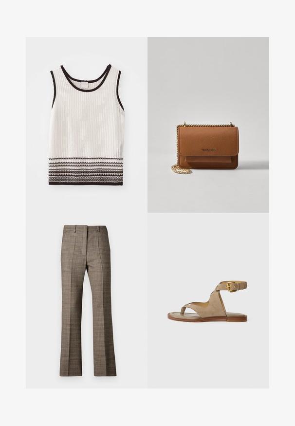 Baltas šonkaulinis tank top'as su juodu apvadu ir dekoratyvinėmis horizontaliomis juostelėmis apatinėje dalyje. Audinys atrodo tekstūruotas ir prigludęs.; Rudi dryžuoti kelniai su tiesia kojų forma, pasižymintys tekstūruota medžiaga ir subtiliomis smėlinėmis bei tamsiai rudos spalvos atspalviais rašte.; Smėliniai zomšiniai sandalai su piršto kilpa, atviromis šoninėmis dalimis ir plačiu kulkšnies dirželiu, papuoštu auksine sagtimi. Plokščias rudas pado kraštas su šiek tiek iškilumu.; Ruda tekstūruota odinė per petį nešama rankinė su auksiniu grandininiu dirželiu ir užlenkiamo užsegimo. Priekinėje pusėje yra logotipo detalė ir kišenė po užlenkimu.