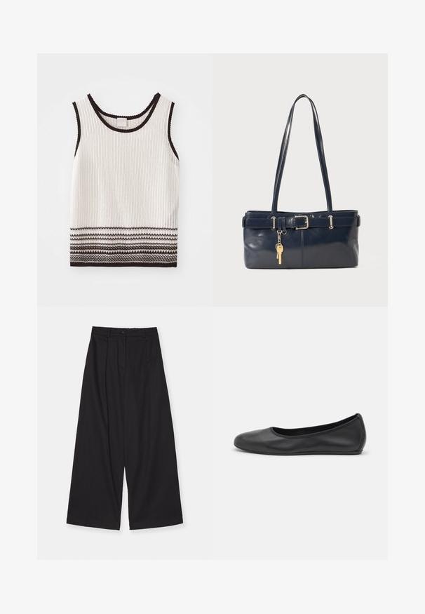 White ribbed tank top with black trim and decorative horizontal stripes at the hem. Fabric appears textured and fitted.; Black wide-leg trousers made of a smooth fabric, featuring a high waist, front pleats, a button closure, and a straight silhouette.; Black leather ballet flat with a rounded toe, smooth texture, minimal stitching detail, and a flexible sole design.; Navy leather handbag with two long handles, a buckle detail, and a keychain attached. Features a smooth texture and a rectangular shape.