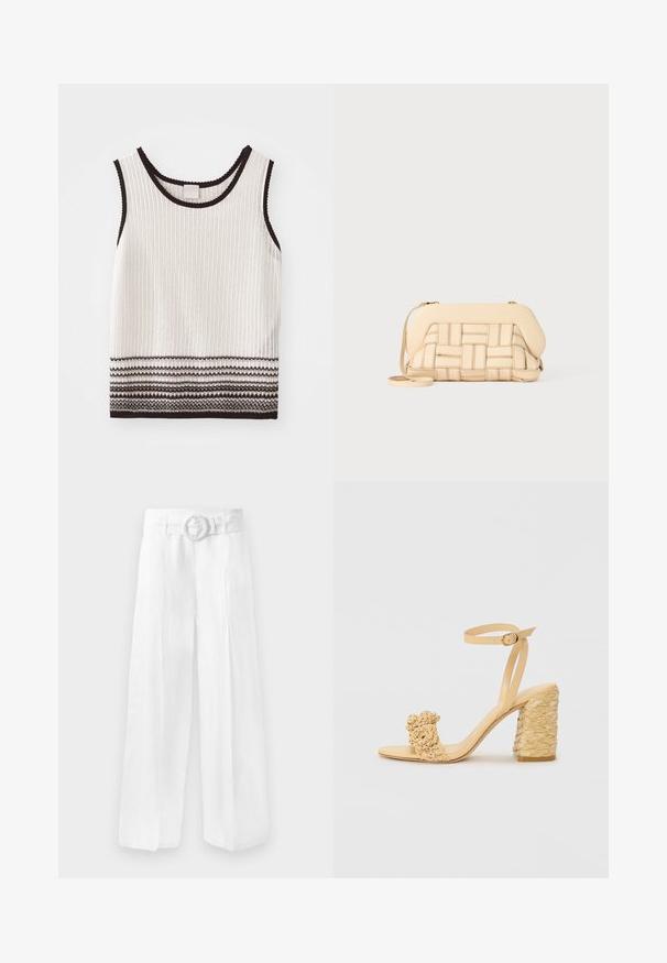 Top cu bretele alb cu dantelă neagră și dungi decorative orizontale la tiv. Materialul pare texturat și se potrivește bine.; Pantaloni albi din in cu picioare largi, având talie cu curea și cataramă circulară. Textură netedă, cu o croială lejeră, fără motive vizibile.; Sandalie cu toc înalt bej, cu o textură împletită, având o floare decorativă și curea pentru gleznă. Tocul pătrat oferă stabilitate.; Geantă bej țesută cu un design structurat, având un capac neted și o curea lungă. Detaliile texturate îmbunătățesc aspectul general.
