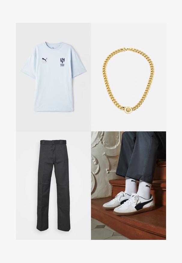 Svijetloplava majica kratkih rukava od mekog materijala, s tamnoplavim logotipom na prsima i izvezenim detaljima.; Crne hlače od izdržljivog materijala, s ravnim krojem, pojasom s peteljkama i šavovima za dodatnu teksturu.; Puma tenisice u bijelom i crnom nubuku, s smešnim gumastim potplatom. Uparene su s bijelim čarapama s crnim logom, nosene uz tamne hlače.; Zlatna ogrlica s velikim isprepletenim karikama, koja sadrži kružni detalj na sredini s uzdignutim grbom.