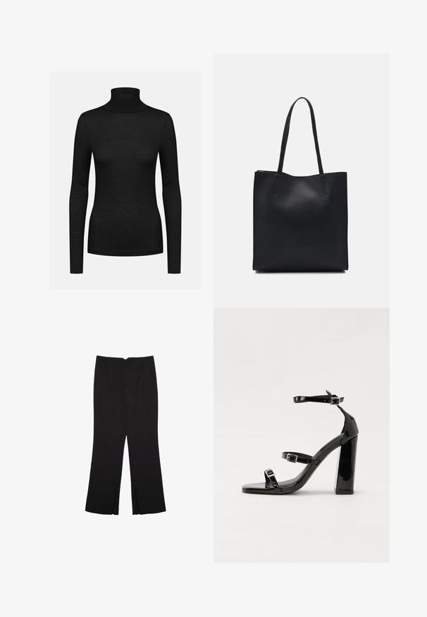 Maglione nero a collo alto con maniche lunghe, texture a coste, design aderente e colletto alto. Realizzato in un morbido tessuto elastico.; Pantaloni neri a gamba dritta, con tasche frontali e spacchi laterali all'orlo. Realizzati in tessuto morbido e liscio. Adatti a diverse occasioni.; Sandali con tacco in vernice nera, con punta squadrata, cinturini alla caviglia e fibbie in argento. Presentano un tacco a blocco spesso per maggiore stabilità.; Borsa tote in pelle nera con texture liscia, forma rettangolare e due manici lunghi. Nessun hardware o decorazione visibile.