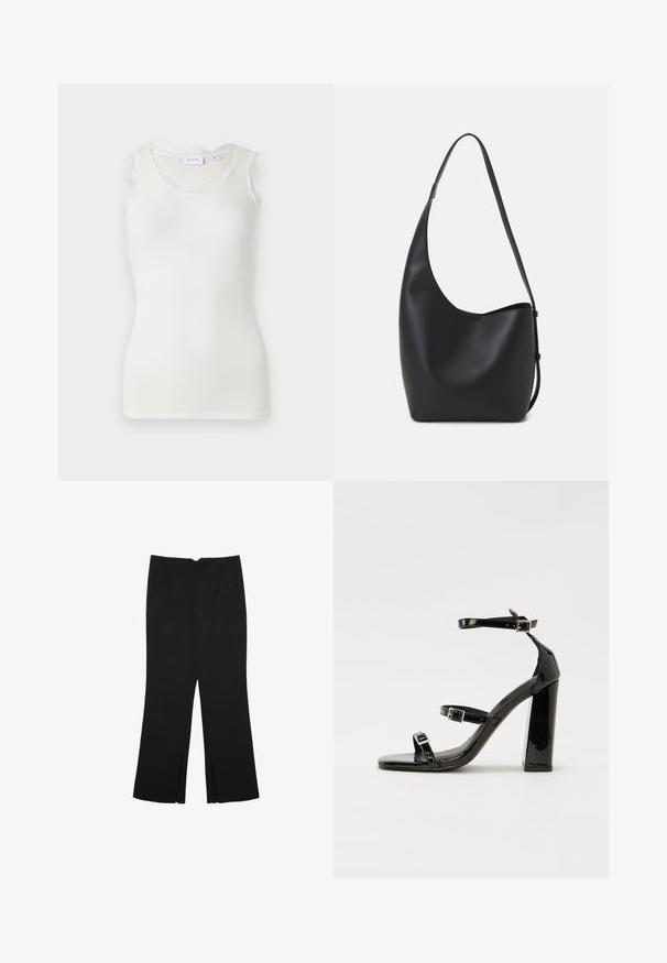 Biely rebrovaný tielko s okrúhlym výstrihom a jemným čipkovaným lemom na pleciach. Jednoduchý dizajn, ľahký materiál a priliehavý strih.; Čierne nohavice so strihom rovného strihu, s prednými vreckami a bočnými rozparkami na leme. Vyrobené z mäkkej, hladkej tkaniny. Vhodné na rôzne príležitosti.; Čierne lakované sandále na podpätku so štvorcovou špičkou, navlečenými remienkami okolo členku a striebornými prackami. Disponujú masívnym blokovým podpätkom pre stabilitu.; Čierna kožená hobo taška so hladkou textúrou, zakriveným tvarom a jedným nastaviteľným popruhom; má široké otvorenie na vrchu.