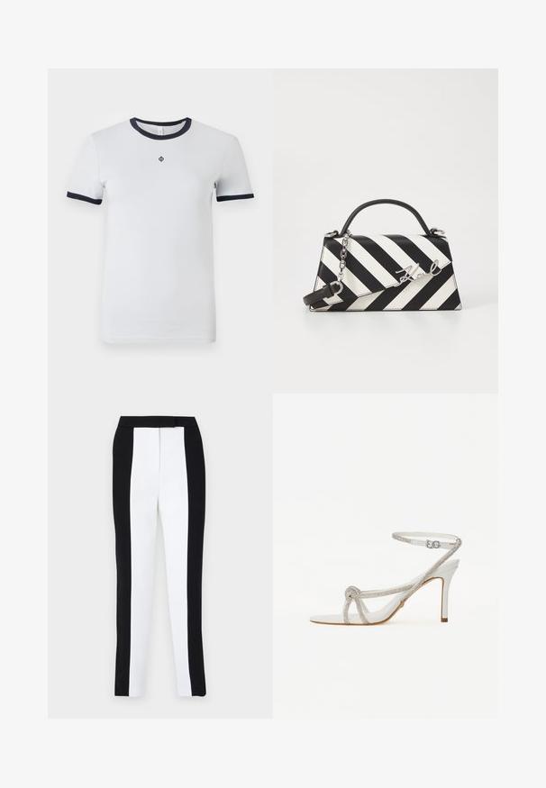 Bijela majica s kratkim rukavima sa okruglim mornarsko plavim ovratnikom i mornarsko plavim manžetama. Ima mali logo na prsima. Glatka tekstura tkanine.; Crne i bijele tapered hlače s uskim krojem i kontrastnim panelima. Tkanina ima glatku teksturu; pojas je ravan i prilagođen.; Bijela sandala s visokom petom i teksturiranim remenom ukrašenim rhinestones, otvorenog prsta, s remenom oko gležnja i podesivom kopčom.; Crno-bijela prugasta torba s čvrstim oblikom, koja ima ručku na vrhu, odvojivu lančanu naramenicu i metalni logo akcent.