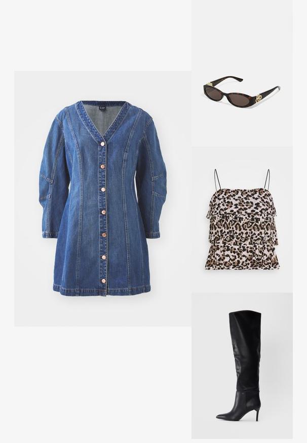 Leopardenmuster Tanktop mit einem gestuften Rüschendesign. Schwarze Spaghettiträger. Weicher, texturierter Stoff in Beige-, Braun- und Schwarztönen.; Blaues Jeanskleid mit V-Ausschnitt, langen Ärmeln und durchgehender Knopfreihe. Verfügt über kontrastierende Nähte und Taschen an den Seiten.; Schwarze Lederstiefel über das Knie mit spitzem Schuh und Stiletto-Absatz, die ein elegantes Design mit einem Logo-Detail am Knöchel aufweisen.; Schildpatt-Sonnenbrille mit länglich-ovalen Gläsern, braunem Farbton, goldenen Logo-Akzenten an den Bügeln und schlanken schwarzen Bügeln.; Schwarze Leder-Schultertasche mit einem geschwungenen Design, goldenen Beschlägen und einem Reißverschluss. Verfügt über einen abnehmbaren Tragegurt und subtile Nahtdetails.