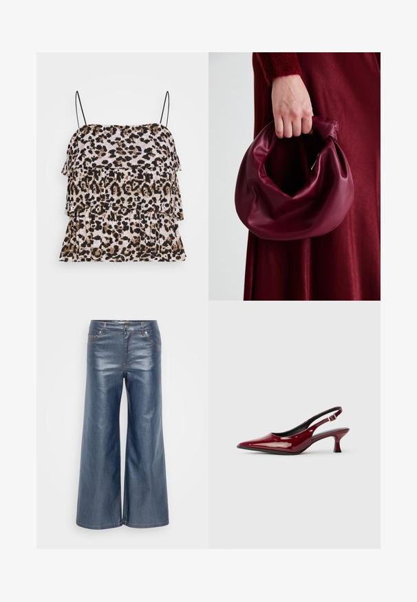 Top sin mangas de estampado de leopardo con un diseño de volantes en capas. Tirantes negros tipo espagueti. Tejido suave y texturizado en tonos de beige, marrón y negro.; Pantalones vaqueros de pierna ancha en azul oscuro, con una textura suave, diseño de cinco bolsillos y costuras en contraste. Cierre delantero con botón y cremallera.; Zapatos de tacón slingback de charol burdeos con puntera afilada y elegante tacón de aguja. Diseño de espalda abierta con detalle de tira ajustable en el tobillo.; Bolso de cuero burdeos con un diseño suave y recogido y una forma redondeada. La asa está asegurada, mostrando una textura lisa.