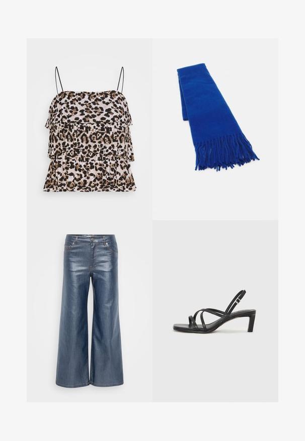 Tanktop med leopardmönster och volangdesign. Svarta spagettiband. Mjuk, texturerad tyg i nyanser av beige, brunt och svart.; Vidbenade jeans i mörkblått, med en slät yta, fem fickor och kontrasterande sömmar. Framslutning med knäppning och dragkedja.; Svart sandaler med remmar och fyrkantig tå samt låg blockklack. Har flera tunna remmar och en justerbar ankelrem. Tillverkad av mjukt läder.; Blå vävd scarf med fransade ändar, slät textur, rektangulär form och enhetlig färg över hela. Lämplig för kallt väder.; Svart läder tote-väska med slät yta, strukturerad form, två handtag och en framträdande silverfärgad spänne på framsidan.