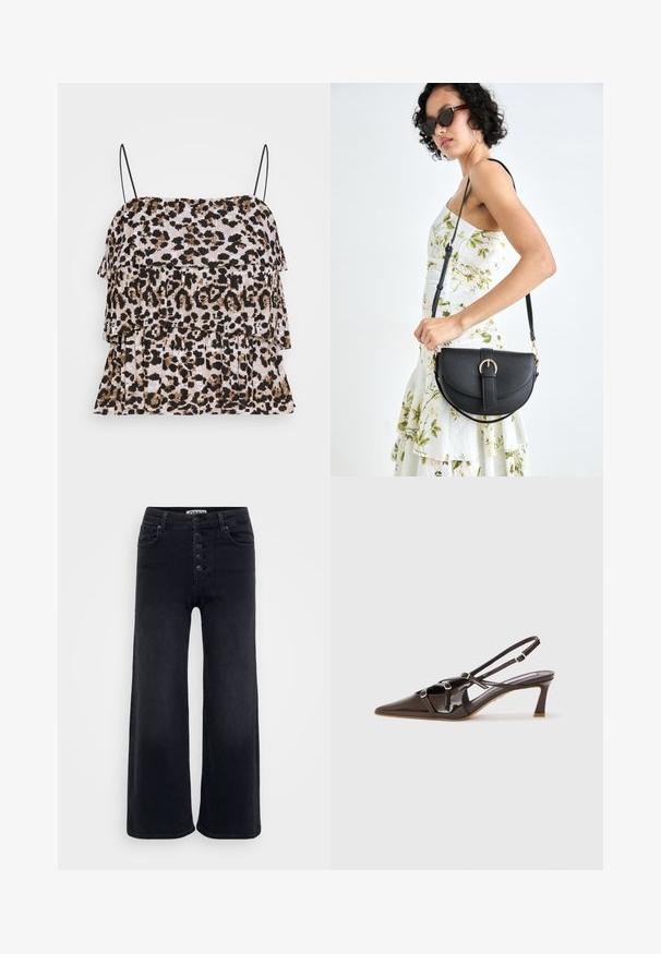 Leopardų rašto marškinėliai su sluoksniuotu volano dizainu. Juodi plonyčiai petnešėlės. Minkšta, tekstūruota medžiaga smėlio, rudos ir juodos atspalviuose.; Aukštai juosmens juodos plačiosios džinsai su penkių mygtukų uždarymu, tvirta džinsinio audinio medžiaga ir matomi siuvimo detalės ant kišenių.; Ruda lakuota odinė slingback tipo kulkšnies avalynė su smailiu pirštu, reguliuojamomis juostelėmis ir dekoratyvinėmis sagtimis priekyje. 7,5 cm aukščio kulnas.; Juodas odinis krepšys su išlenkta forma, nuimamu dirželiu ir auksiniais detalėmis. Krepšys turi kilpą su sagtimi.; Aukso tono metalinės auskarai su stilingu, kreiviu dizainu. Išsiskiria ryškiu smailiu pavidalu, poliruota paviršiumi ir užsegimu su vyriu.