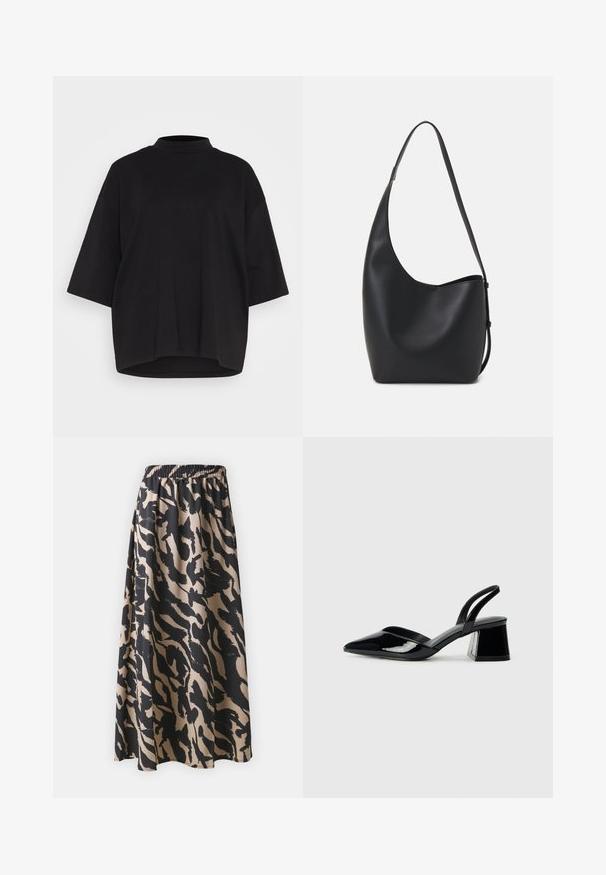 Fekete pamut póló magas nyakkal, rövid batwing ujjakkal és laza, dobozszerű szabással. Sima textúra és lekerekített alj.; Fekete és bézs színű, hosszú szoknya rugalmas derékkal, absztrakt állatmintás motívummal és lebegő szilhuettel.; Fekete lakk bőr szandálkés magas sarkú cipő, hegyes orral és geometrikus tömbsarkakkal. Karcsú, minimalista dizájn és sima textúra jellemzi.; Fekete bőr hobo táska sima textúrával, ívelt formával és egyetlen állítható pánttal; széles nyílás található a tetején.